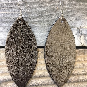 Metallic Pewter Leather Leaf Earrings - Leather Earrings - leaf shaped - silver wire hook - boho -boutique earrings-available in three sizes