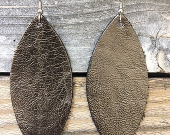 Metallic Pewter Leather Leaf Earrings - Leather Earrings - leaf shaped - silver wire hook - boho -boutique earrings-available in three sizes