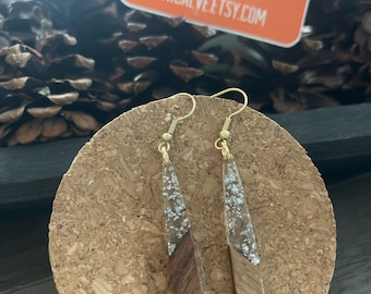 Long Teardrop Wood and Clear Silver Glitter Resin Earrings w gold finish ear wire hook  - 2.5 inches long - boho summer