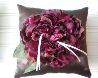 Wine Peony Ring Bearer Pillow in Chocolate - Wedding Pillow - Wedding Decoration