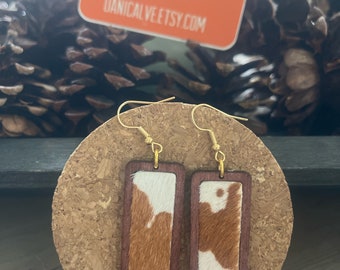 Pony Hair Tan and White Cow Fabric and Wood Rectangle Earrings with gold finish ear wire hook  - 3 inches long - boho Super cut