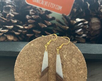 Long Teardrop Wood and Ivory Resin Earrings w gold finish ear wire hook  - 2.5 inches long - boho summer