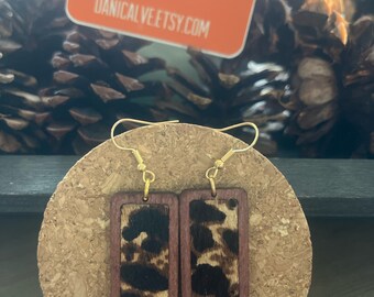 Pony Hair Tan and Black Cheetah Fabric and Wood Rectangle Earrings with gold finish ear wire hook  - 3 inches long - boho Super cut