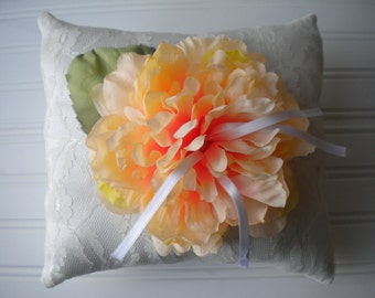 Peach Peony Ring Bearer Pillow with Vintage Lace - Wedding Pillow - Wedding Decoration