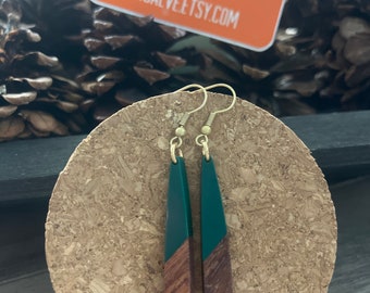 Long Teardrop Wood and Dark Green Resin Earrings w gold finish ear wire hook  - 2.5 inches long - boho summer