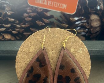 Pony Hair Cheetah Fabric and Wood Teardrop Earrings with gold finish ear wire hook  - 3 inches long - boho Super cute fabric