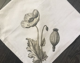 Botanical Poppy Flour Sack Tea Towel - Botanical Tea Towel -Kitchen Decor - Housewarming Gift-Flower - Towel - Hand Towel - Black and White