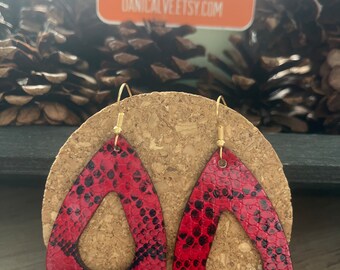 Red Python Print Fabric Teardrop Earrings with gold finish ear wire hook  - 2.5 inches long - vegan - bohoSuper cute fabric