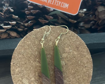 Long Teardrop Wood and Moss Green Resin Earrings w gold finish ear wire hook  - 2.5 inches long - boho summer