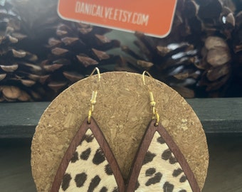 Pony Hair Multi Tan Fabric and Wood Teardrop Earrings with gold finish ear wire hook  - 3 inches long - boho Super cute fabric