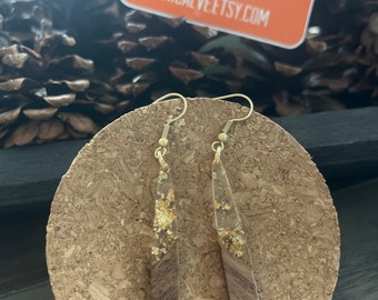 Long Teardrop Wood and Clear Gold Glitter Resin Earrings w gold finish ear wire hook  - 2.5 inches long - boho summer