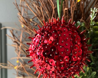 The Firestarter Hand Pinned Red Sequins & Glass Beaded Ornament, 3.5 inch ball ornament, hang, Christmas decoration