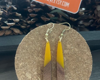 Long Teardrop Wood and Mustard Yellow Resin Earrings w gold finish ear wire hook  - 2.5 inches long - boho summer