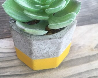 Hexagonal Concrete Vessel with Plastic Succulent Desk Decor, Modern Contemporary Decor, Small Concrete Decor, Yellow 1