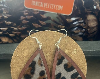 Pony Hair Gray Cheetah Fabric and Wood Teardrop Earrings with silver finish ear wire hook  - 3 inches long - boho Super cute fabric