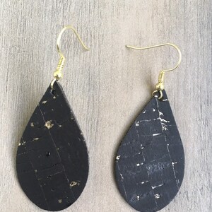 Black and Gold Fabric Cork Teardrop Earrings with gold finish ear wire hook  - 2 inches long - vegan - bohoSuper cute fabric cork print Te