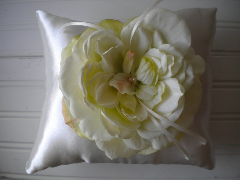 Fresh Green and Cream Rose Ring Bearer Pillow Wedding Pillow Wedding Decoration image 1