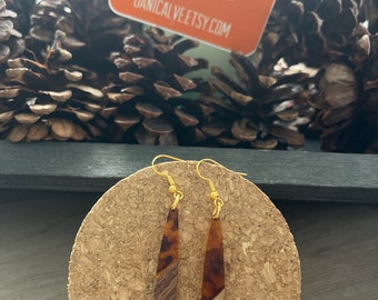 Long Teardrop Wood and Tortoise Brown Resin Earrings w gold finish ear wire hook  - 2.5 inches long - boho summer