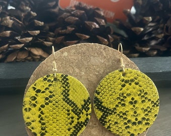 Yellow Circle Python Print Fabric Earrings with gold finish ear wire hook  - 2 inches long - vegan - bohoSuper cute fabric