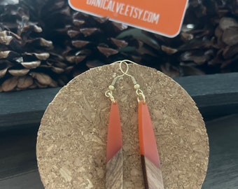 Long Teardrop Wood and Coral Resin Earrings w gold finish ear wire hook  - 2.5 inches long - boho summer