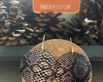 Desert Tan Circle Python Print Fabric Earrings with gold finish ear wire hook  - 2 inches long - vegan - bohoSuper cute fabric