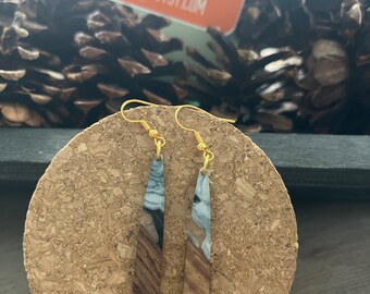 Long Teardrop Wood and Smoky Sky Resin Earrings w gold finish ear wire hook  - 2.5 inches long - boho summer