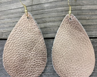 Rose Gold Metallic Leather Teardrop Earring - gold wire - leather - metallic - boho - boutique earrings