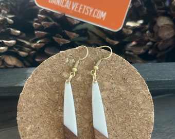 Long Teardrop Wood and White Resin Earrings w gold finish ear wire hook  - 2.5 inches long - boho summer