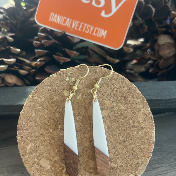 Long Teardrop Wood and White Resin Earrings w gold finish ear wire hook  - 2.5 inches long - boho summer