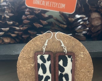Pony Hair White and Black Cow Fabric and Wood Rectangle Earrings with silver finish ear wire hook  - 3 inches long - boho Super cut