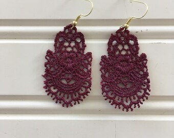 Lace Earrings in Burgundy Earrings - Boutique Earrings - Lightweight Earrings - wedding - gift - original design - hand painted- lace