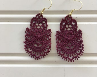 Lace Earrings in Burgundy Earrings - Boutique Earrings - Lightweight Earrings - wedding - gift - original design - hand painted- lace