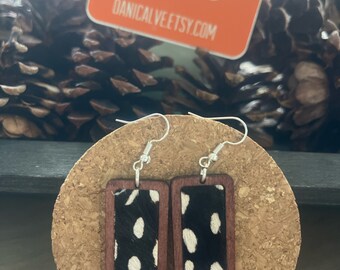 Pony Hair Black and White Cow Fabric and Wood Rectangle Earrings with silver finish ear wire hook  - 3 inches long - boho Super cut