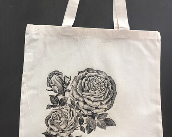 Tote Bag with Blooming Roses Design - 100 percent cotton tote bag - simple tote - reusable bag - shopping bag - save the planet