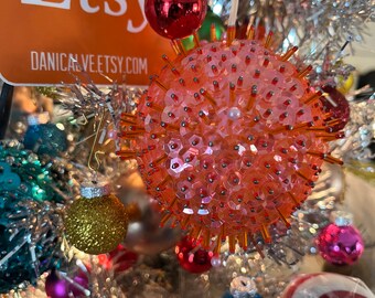 The Axolotl Hand Pinned Neon Orange & Pink Iridescent Sequins Glass Beaded Ornament, 3.5 inch ball ornament, hang, Christmas decoration