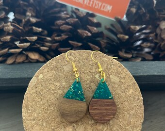 Wood and Teal w Gold Glitter Resin Teardrop Earrings w gold finish ear wire hook  - 2 inches long - boho summer