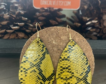 Yellow Python Print Fabric Teardrop Earrings with gold finish ear wire hook  - 2.5 inches long - vegan - bohoSuper cute fabric