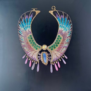 Luxury Winged Scarab Gemstone Embroidery Collar Necklace and Earrings Set, Ancient Egyptian Style Amethyst Boulder Opal, Doro Soucy Jewelry image 9