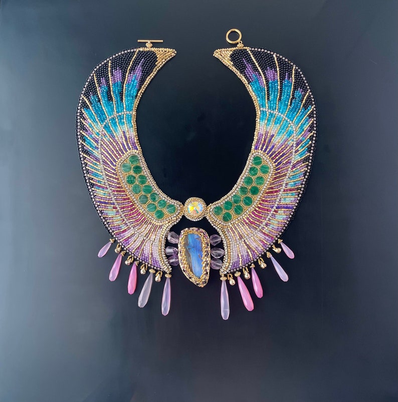 Luxury Winged Scarab Gemstone Embroidery Collar Necklace and Earrings Set, Ancient Egyptian Style Amethyst Boulder Opal, Doro Soucy Jewelry image 9