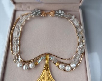 Ancient Egyptian Style Jewelry Treasure - Multistrand Necklace with Large Lotus Flower Pendant, Gold Plated Beads, Rock Crystal, Tourmaline