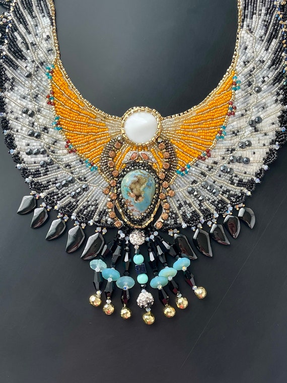 Ancient Treasures Egyptian Winged Falcon Scarab Deity Collar Jewelry Set Hand Embroidery With Gemstones and Glass Womens Necklace Gifts Etsy Israel