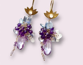 Lotus Gemstone Cluster Earrings Wire Wrapped; Purple Violet and Gold Fill with Amethyst, Quartz, Topaz, Cubic Zirconia, Gifts for Women