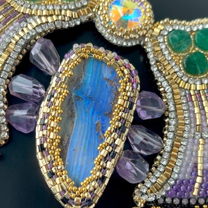 Luxury Winged Scarab Gemstone Embroidery Collar Necklace and Earrings Set, Ancient Egyptian Style Amethyst Boulder Opal, Doro Soucy Jewelry image 5