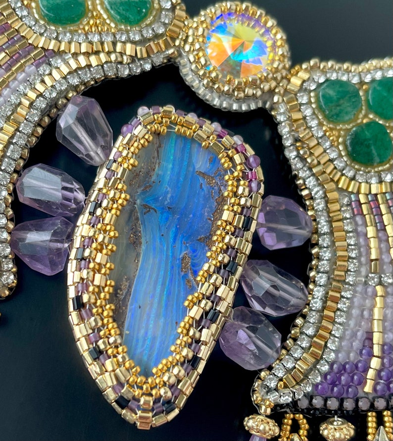 Luxury Winged Scarab Gemstone Embroidery Collar Necklace and Earrings Set, Ancient Egyptian Style Amethyst Boulder Opal, Doro Soucy Jewelry image 5