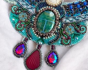 Babylon - Bejeweled Collar Scarab Necklace with Gemstone Bead Embroidery; Wearable Art Statement Piece
