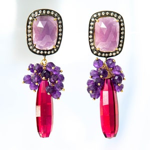 Amethyst Gemstone Grape Cluster Earrings with Raspberry Red Quartz Briolettes and Pink Sapphire Ear Posts, Gold Filled and Gold Plated image 2