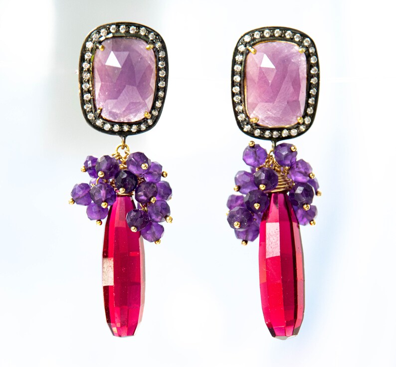 Amethyst Gemstone Grape Cluster Earrings with Raspberry Red Quartz Briolettes and Pink Sapphire Ear Posts, Gold Filled and Gold Plated image 2