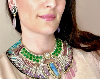 Luxury Winged Scarab Gemstone Embroidery Collar Necklace and Earrings Set, Ancient Egyptian Style Amethyst Boulder Opal, Doro Soucy Jewelry