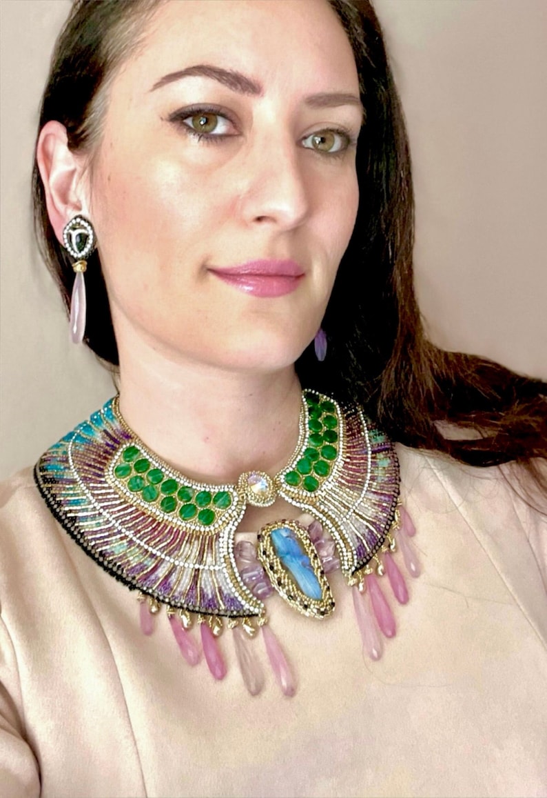 Luxury Winged Scarab Gemstone Embroidery Collar Necklace and Earrings Set, Ancient Egyptian Style Amethyst Boulder Opal, Doro Soucy Jewelry image 1