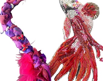 Magical Catch Red Betta Fish Sparkly Necklace, Bead Embroidery Wearable Art with Glass, Pearls, and Crystal Beads on Silk Magenta Braid Rope
